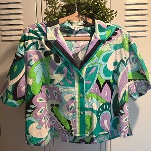 Steve Madden Sz M Pucci-inspired vibrant swirl print button-down Cropped shirt